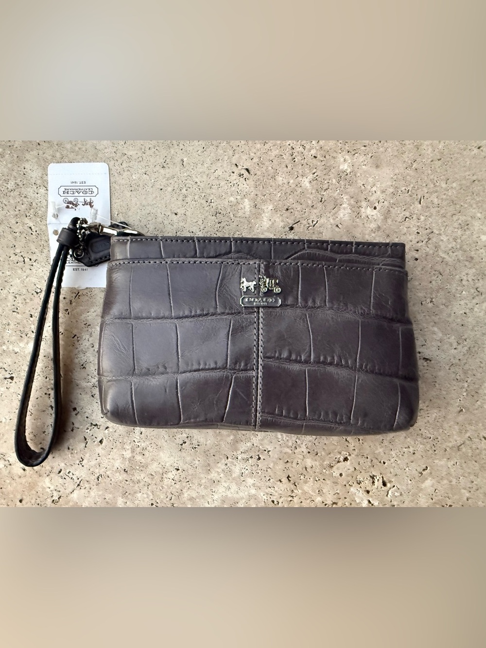 NWT Coach Madison Embossed Gray Crocodile Leather Medium Wristlet New! MSRP $108